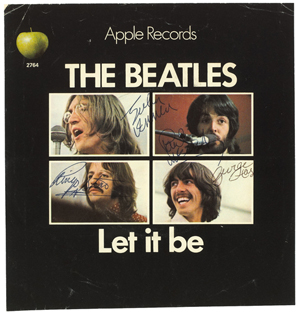 Dublin auctioneers Whyte's rock and pop memorabilia sale saw €4,300 ($5,600) change hands for this set of Beatles signatures on the cover of their 1970 hit single ‘Let It Be.’ Image courtesy of Whyte's.